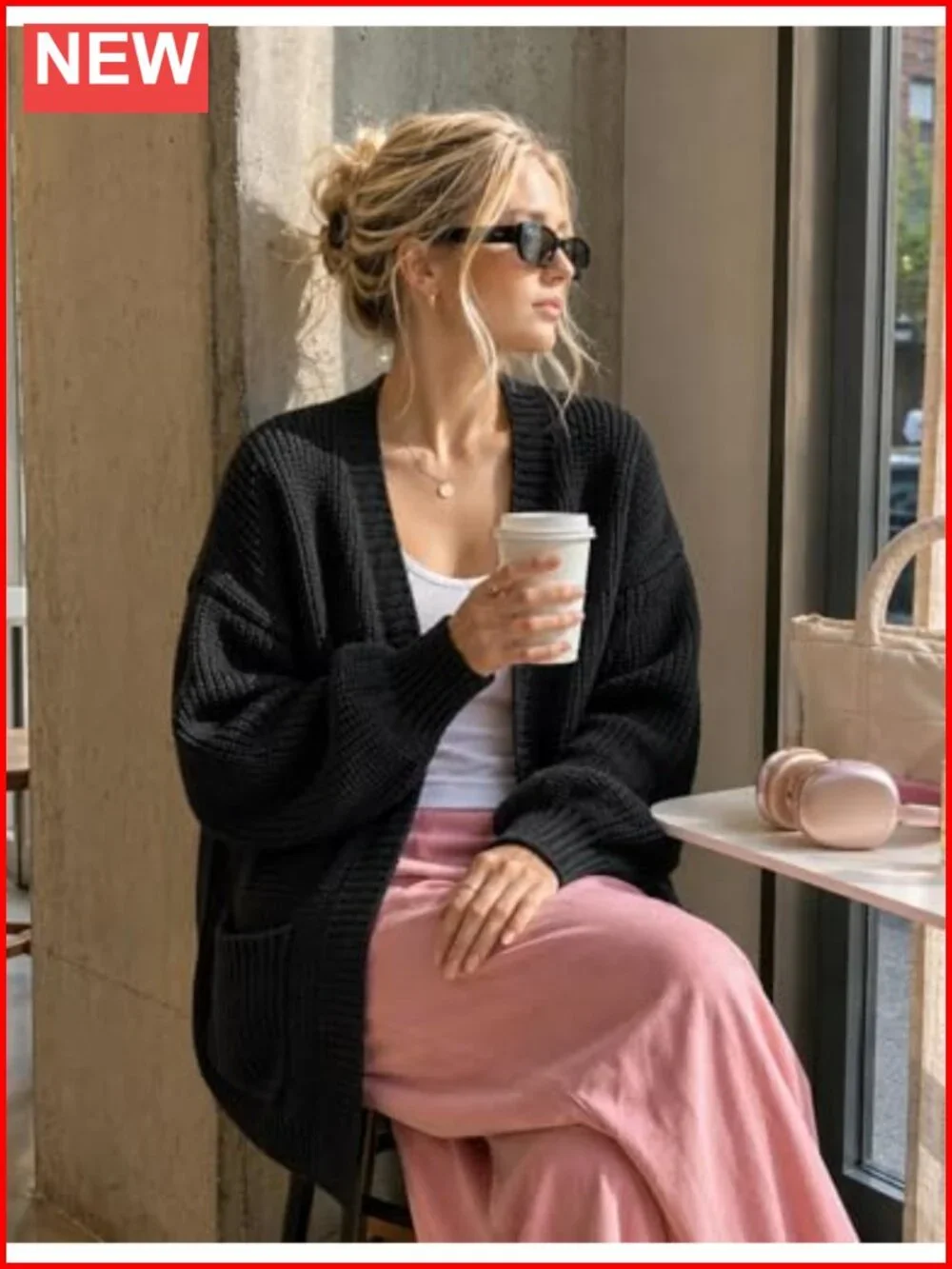 Oversized Chunky Lantern Sleeve Open Front Cardigan Sweater